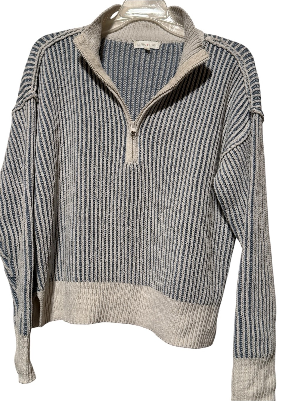 Striped Half-Zip Sweater in Blue and Cream - by Ultra Flirt